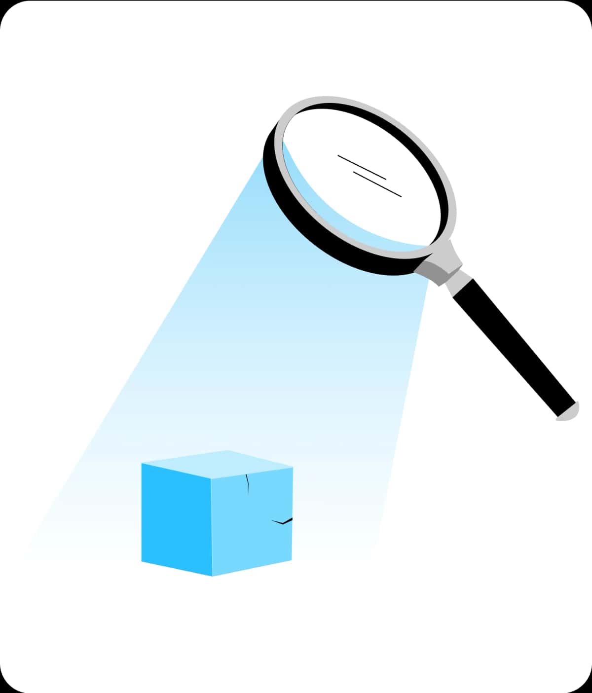 Magnifying glass over cracked cube symbolizing hidden front-end issues and integration challenges