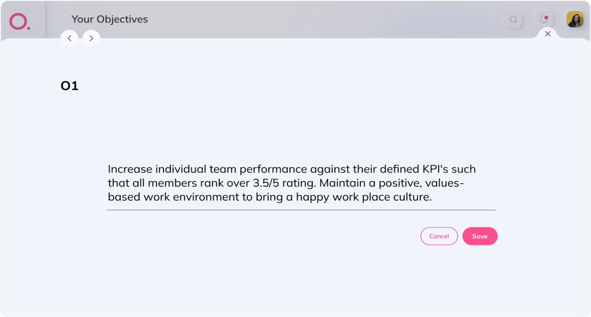 This UI displays the employee’s objective and 3 key results in separate blocks