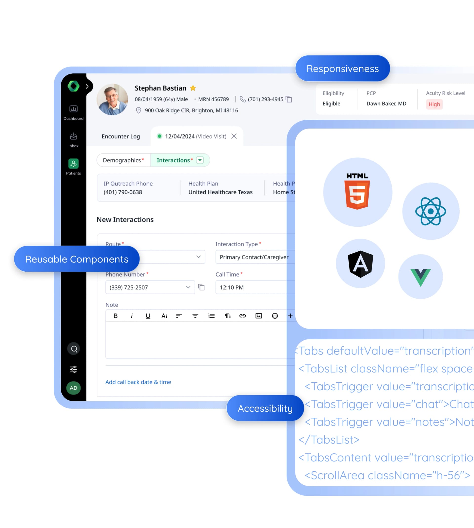 Front-end development for healthcare and enterprise software with reusable and responsive components.