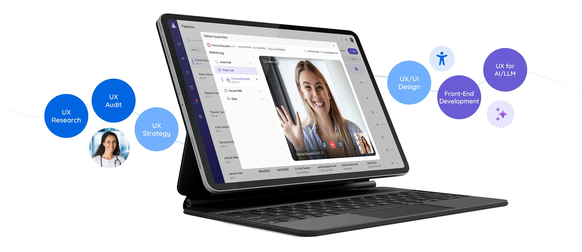 Collage with the mockup of a telehealth app and services offered by Koru