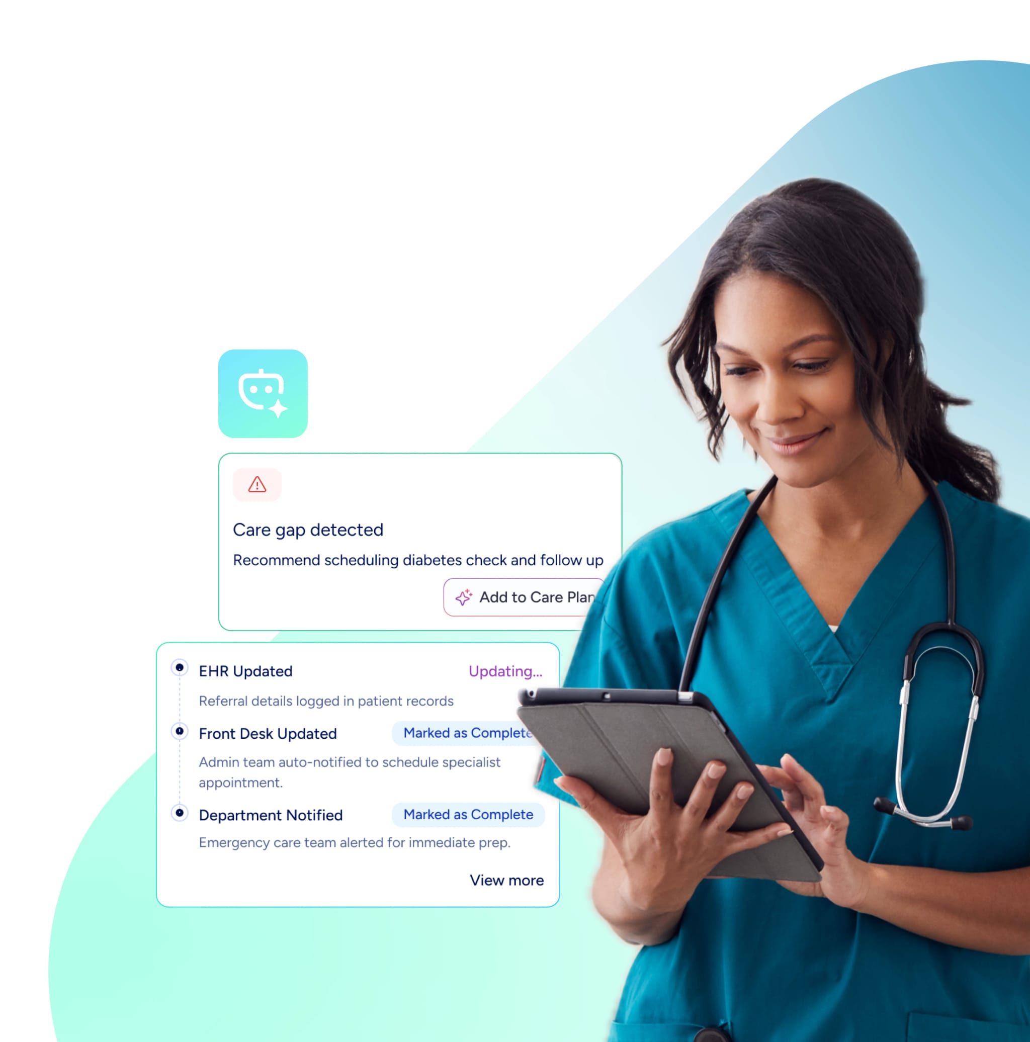 Healthcare professional using an AI-assisted care platform on a tablet